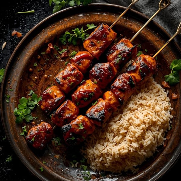 Two skewers of grilled chicken tikka with rice and herbs on a rustic wooden plate.