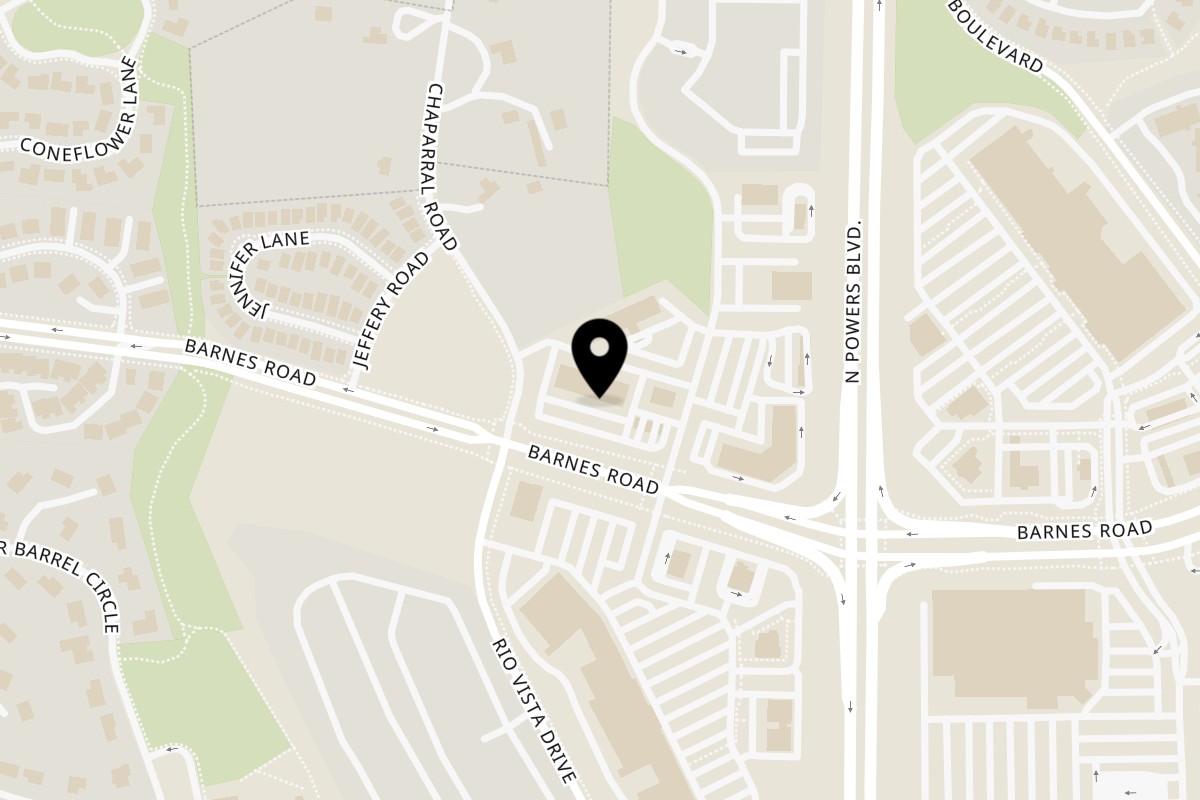 Map showing the location of King Restaurant Indian Kitchen & Bar on 5660 Barnes Rd Suite 148 in Colorado Springs